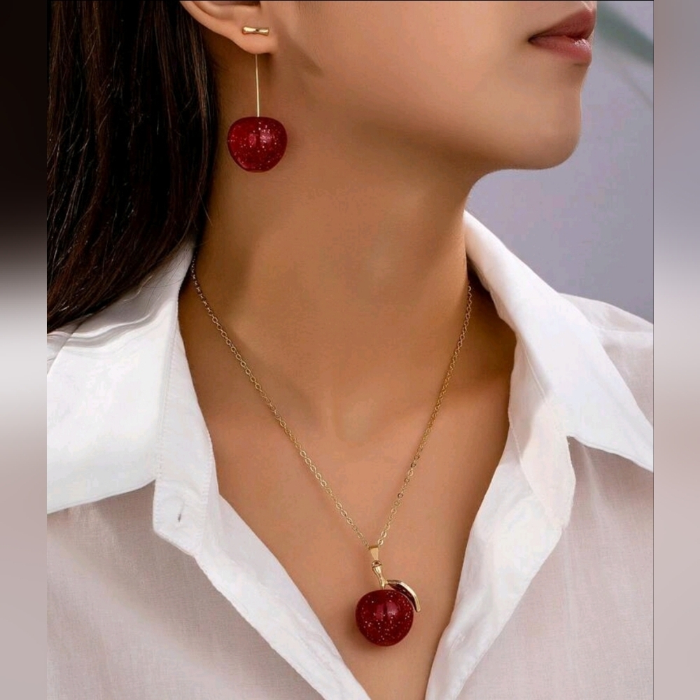 Cherry Pendant Necklace and Earring Set. - Picture 2 of 3